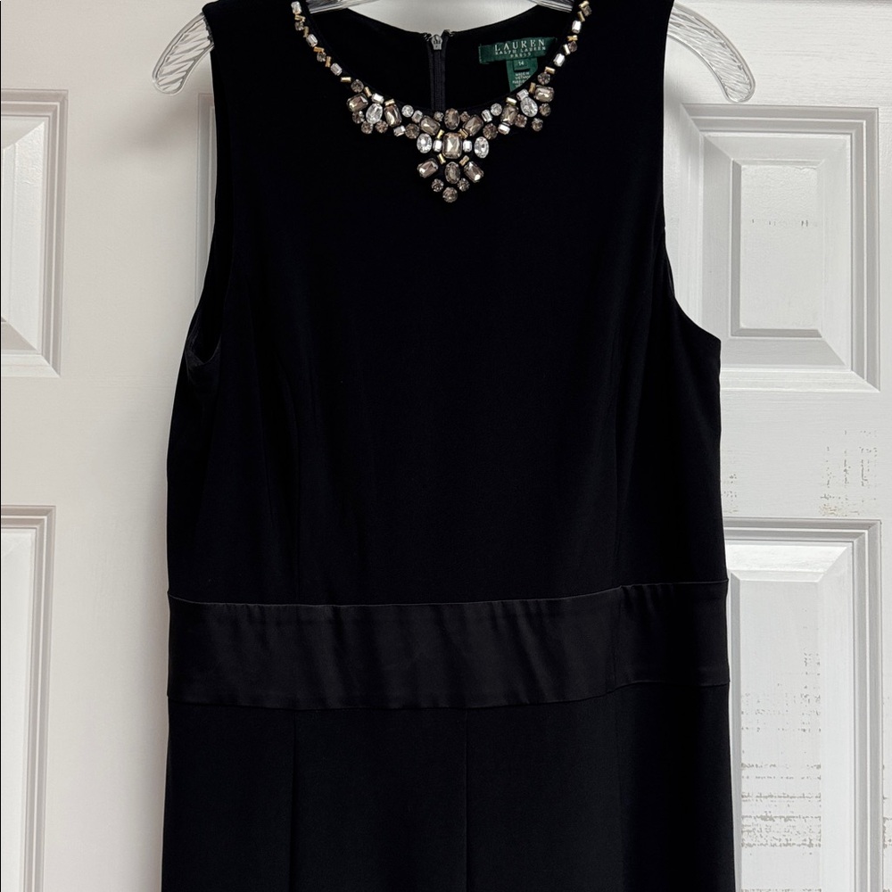 Ralph Lauren Black Midi Dress with Embellished Neckline